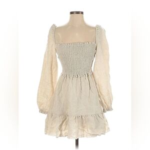 Aritzia Wilfred Women’s Tempest Linen Mini Dress Oatmeal Smocked Tiered - Small